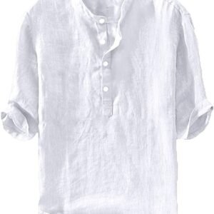Mens Linen Shirts Casual Cotton 3/4 Sleeve Regular-Fit Henley T-Shirt Summer Lightweight Beach Yoga Tops