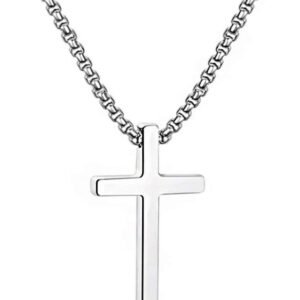 Cross Necklace for Men, Silver Black Gold Stainless Steel Plain Cross Pendant Necklace for Men Box Chain 16-30 Inch