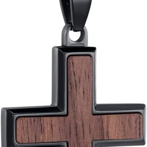 Wooden Cross Necklace for Men Boys - Black Walnut & Stainless Steel Christian Wood Crucifix Pendant with 18-24"  Chain, Inspirational Jewelry Graduation Birthday Gift for Teen Boy Son Dad