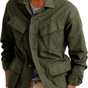 Mens Lightweight Safari Jacket Button Up Cotton Outdoor Military Cargo Long Sleeve Outwear