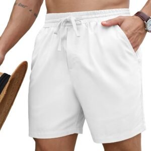 Mens 5 Inch Linen Shorts - Casual Elastic Waist Drawstring Summer Beach Shorts with Pocket