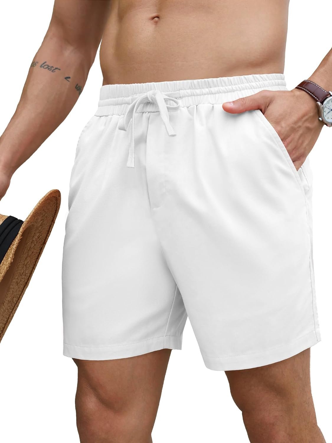 Mens 5 Inch Linen Shorts - Casual Elastic Waist Drawstring Summer Beach Shorts with Pocket