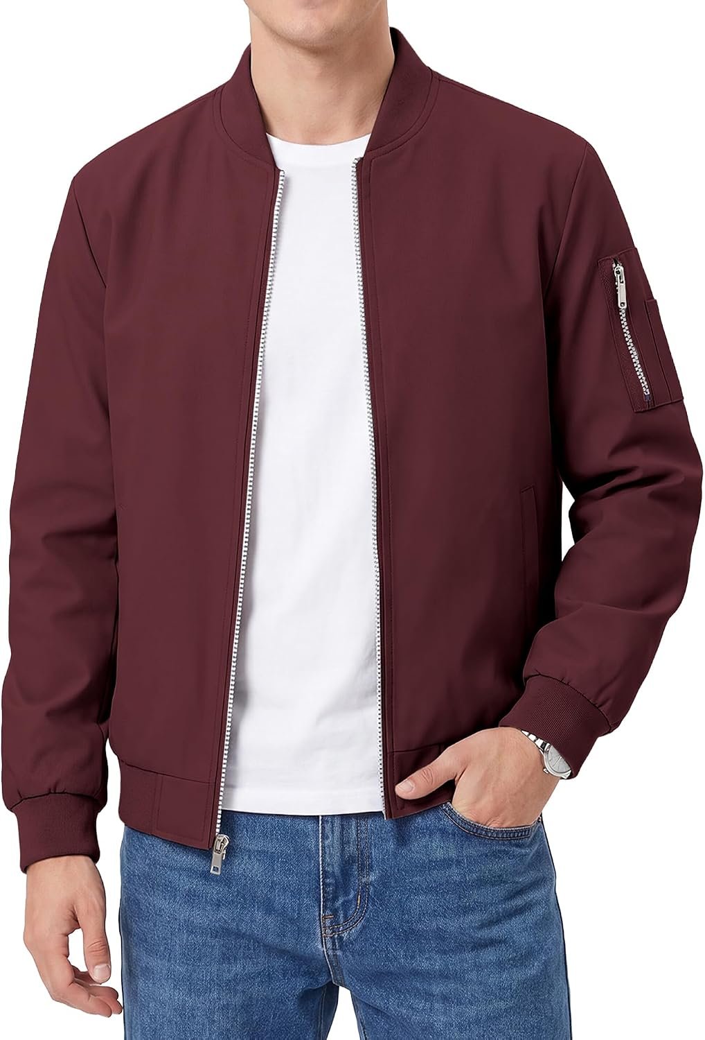 Men's Bomber Jacket Lightweight Casual Windbreaker Zip Up Coat with Pocket