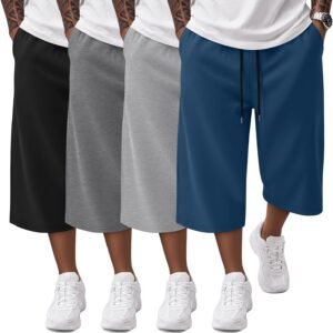 4 Pack Mens  Shorts Big and Tall Below Knee Casual 3/4 Pants Loose Fit Drawstring Jogger Shorts with Pockets