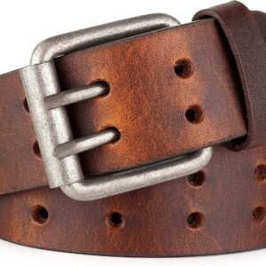 Leather Work Belt, Heavy Duty Double Prong full grain Leather Belts for Men 1 1/2", Mens Casual Belts for Jeans