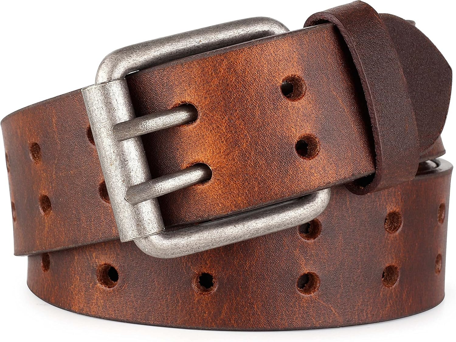 Leather Work Belt, Heavy Duty Double Prong full grain Leather Belts for Men 1 1/2", Mens Casual Belts for Jeans